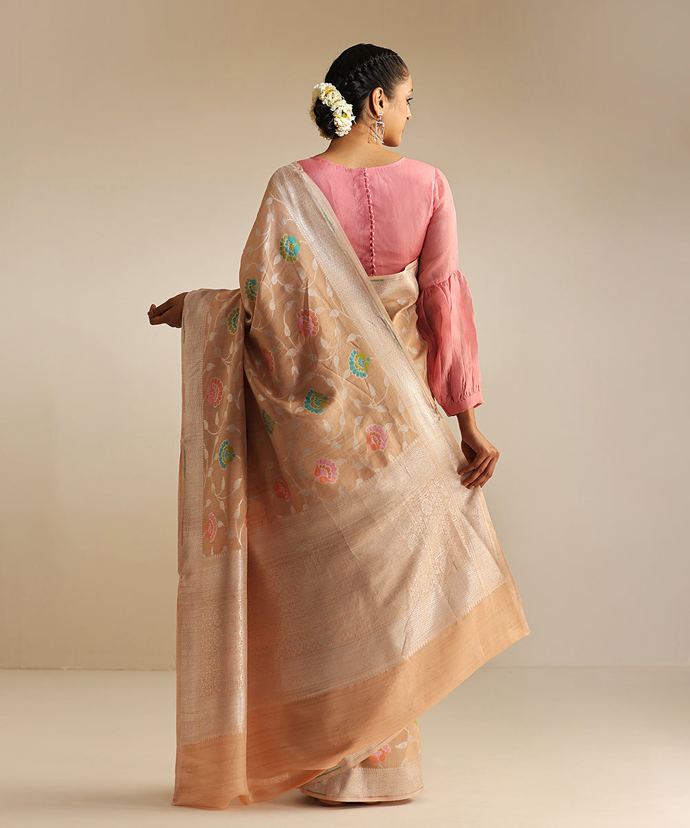 Tan_Handloom_Tussar_Georgette_Banarasi_Saree_With_Multi_Color_Meenakari_WeaverStory_03