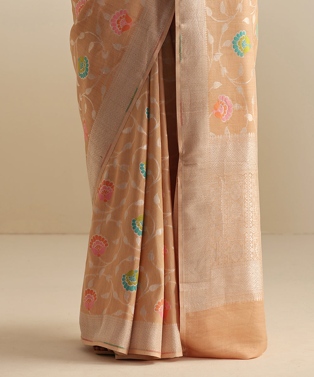 Tan_Handloom_Tussar_Georgette_Banarasi_Saree_With_Multi_Color_Meenakari_WeaverStory_04
