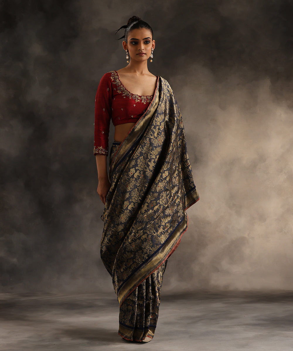 Dark_Blue_Handloom_Pure_Katan_Silk_Shikargah_Banarasi_Saree_With_Meenakari_WeaverStory_02