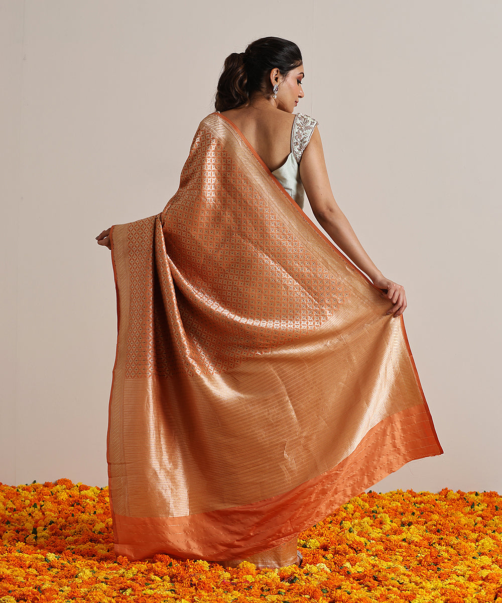 Orange_Handloom_Pure_Katan_Silk_Kimkhab_Banarasi_Saree_With_Blue_Meenakari_WeaverStory_03