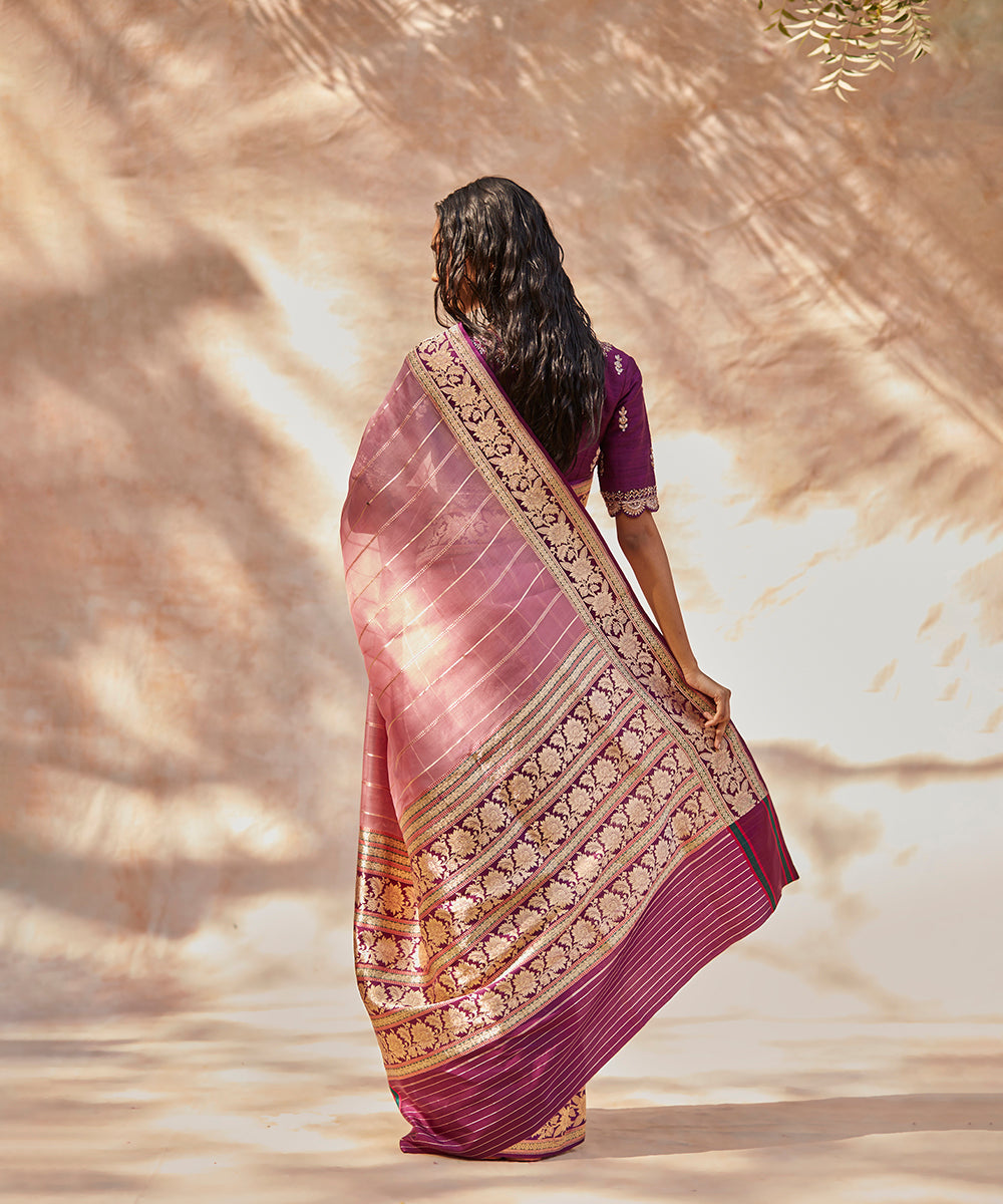 Handloom_Pink_Pure_Kora_Silk_Stiped_Saree_Banarasi_Saree_With_Meenakari_Border_WeaverStory_03
