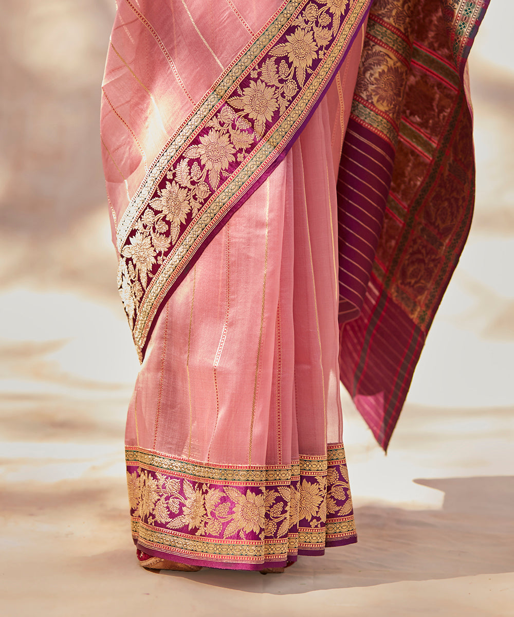 Handloom_Pink_Pure_Kora_Silk_Stiped_Saree_Banarasi_Saree_With_Meenakari_Border_WeaverStory_04