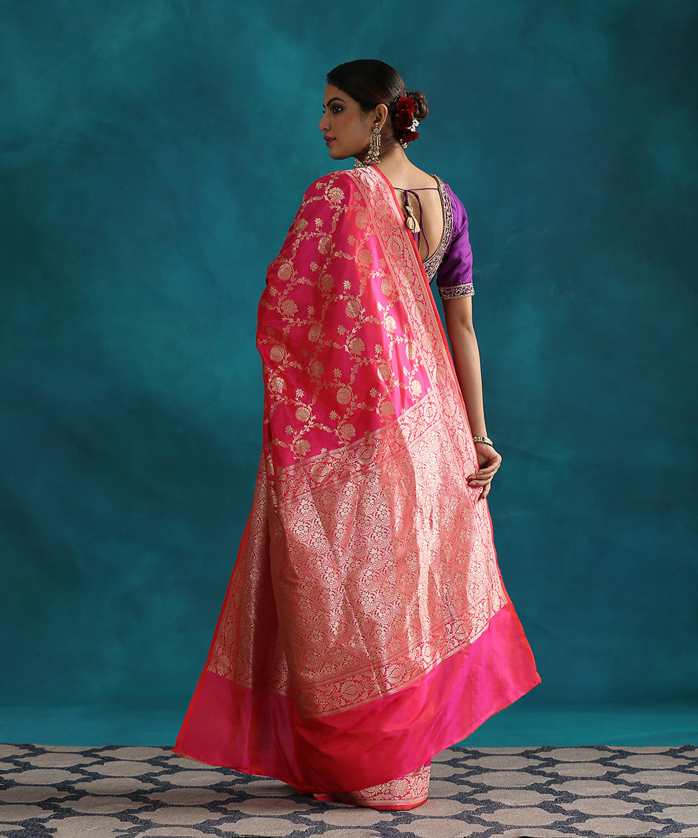 Hot_Pink_Handloom_Double_Shade_Pure_Katan_Silk_Banarasi_Saree_With_Cutwork_Upada_Weave_WeaverStory_03