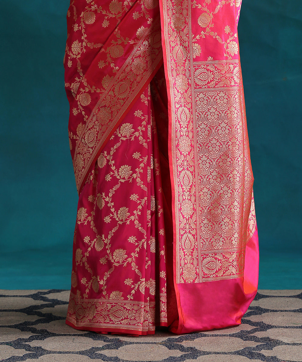 Hot_Pink_Handloom_Double_Shade_Pure_Katan_Silk_Banarasi_Saree_With_Cutwork_Upada_Weave_WeaverStory_04