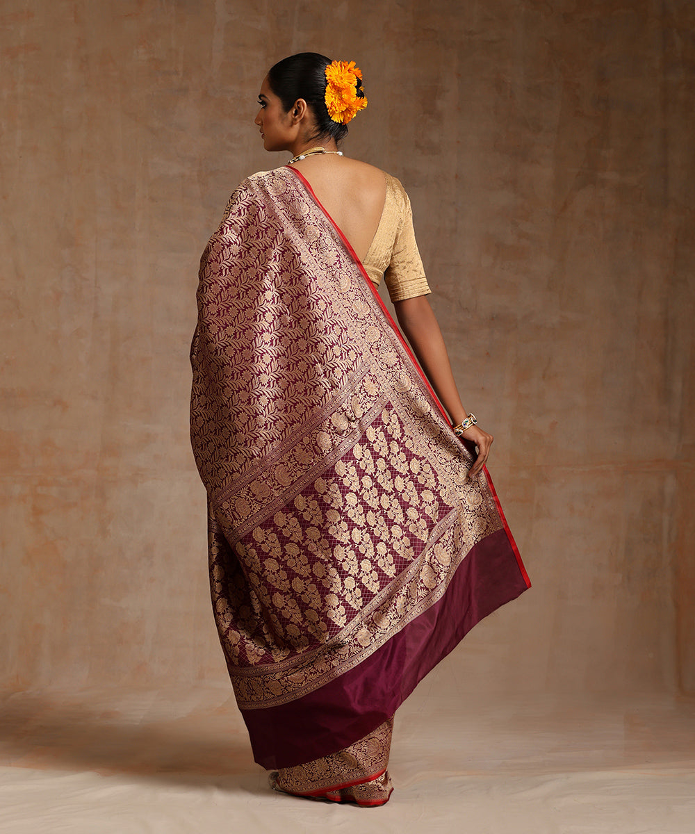 Wine_Handloom_Antique_Zari_Pure_Katan_Silk_Kimkhab_Banarasi_Saree_WeaverStory_03