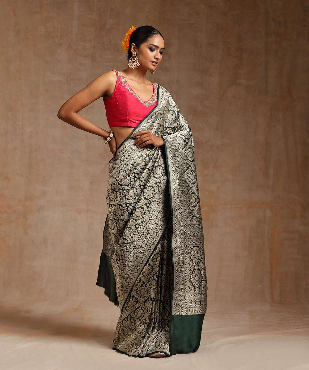 Bottle_Green_Handloom_Pure_Katan_Silk_Kimkhab_Banarasi_Saree_With_Antique_Zari_WeaverStory_02
