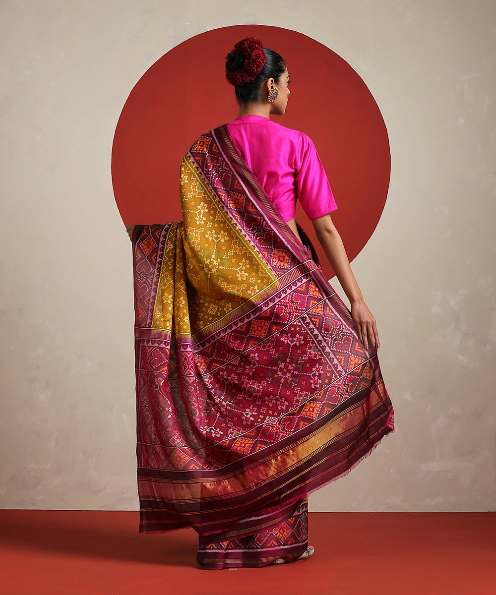 Mustard_Handloom_Pure_Mulberry_Silk_Patola_Saree_With_Single_Ikat_Weave_WeaverStory_03