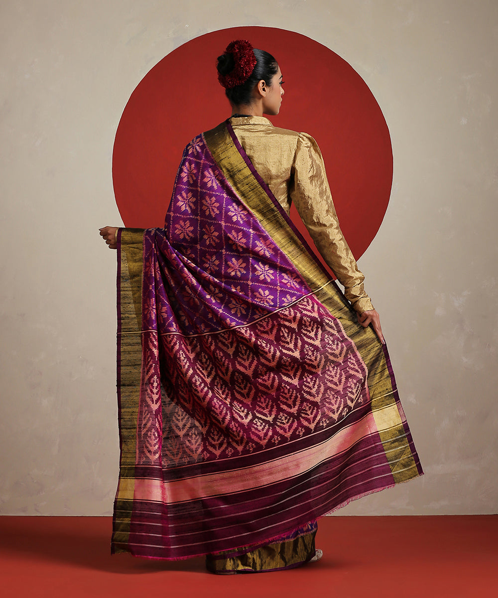 Purple_Handloom_Raw_Silk_Ikat_Patola_With_Tissue_Border_Saree_WeaverStory_03