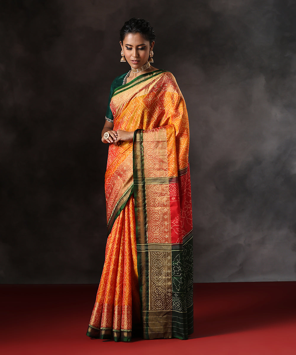 Handloom_Yellow_Pure_Mulberry_Silk_Single_Ikat_Patola_Saree_With_Green_Tissue_Border_WeaverStory_02
