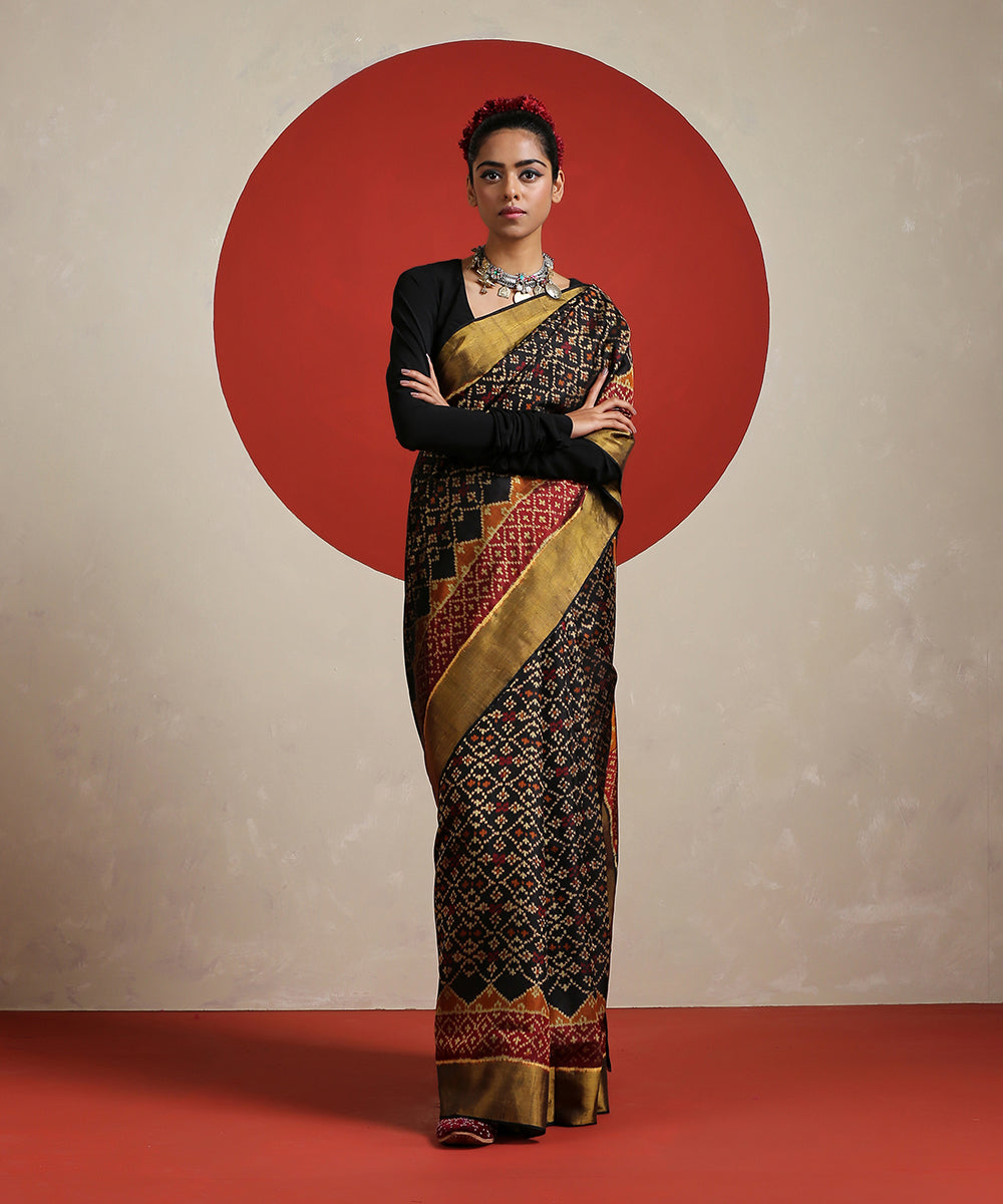 Black_Handloom_Pure_Mulberry_Silk_Single_Ikat_Patola_With_Tissue_Border_Saree_WeaverStory_02