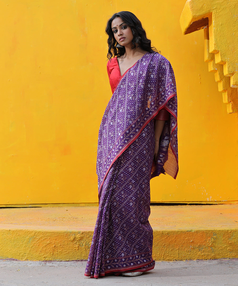 Handloom_Purple_Cotton_ Banarasi_Jamdani_Saree_With_Red_Selvedge_WeaverStory_02