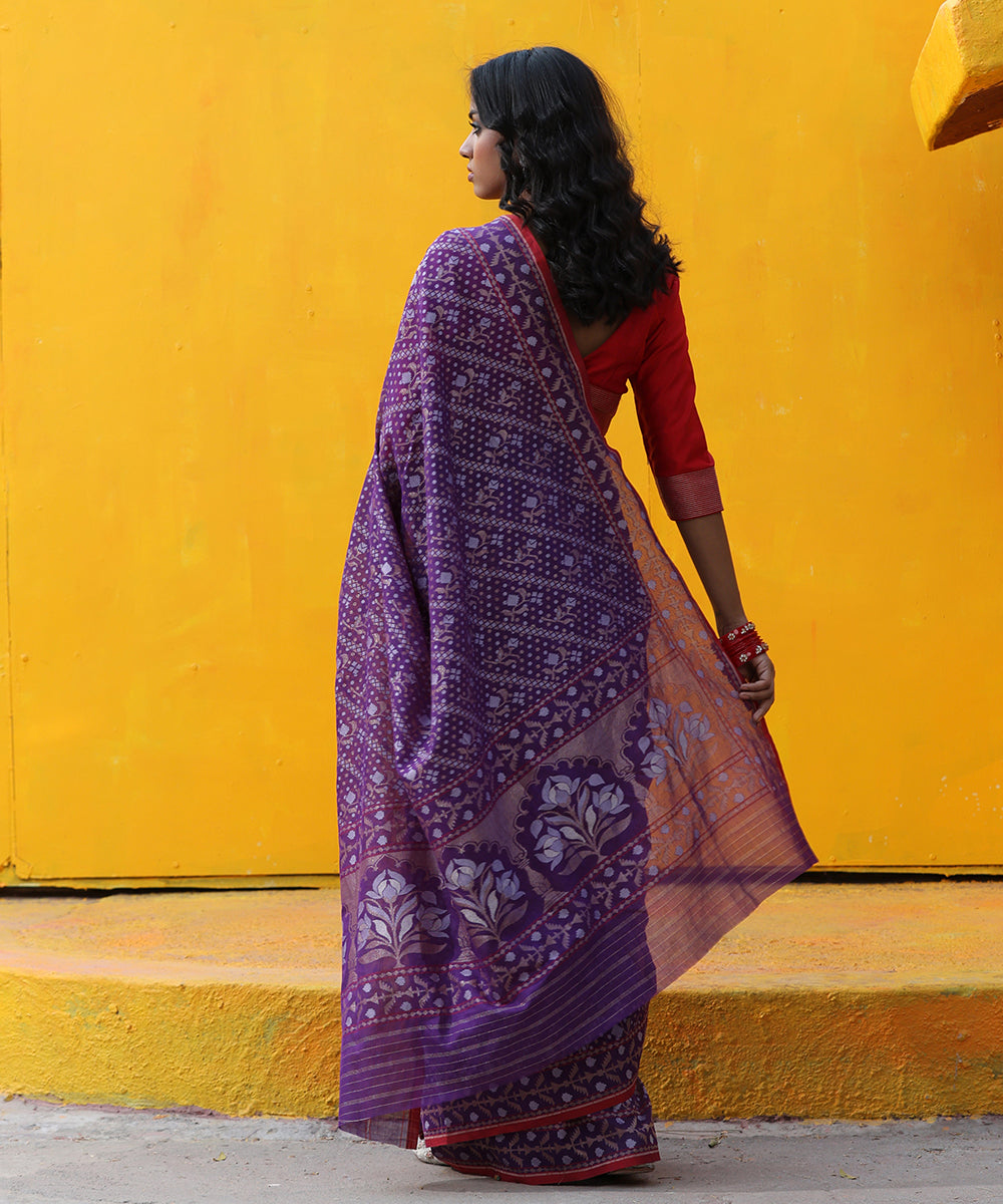 Handloom_Purple_Cotton_ Banarasi_Jamdani_Saree_With_Red_Selvedge_WeaverStory_03