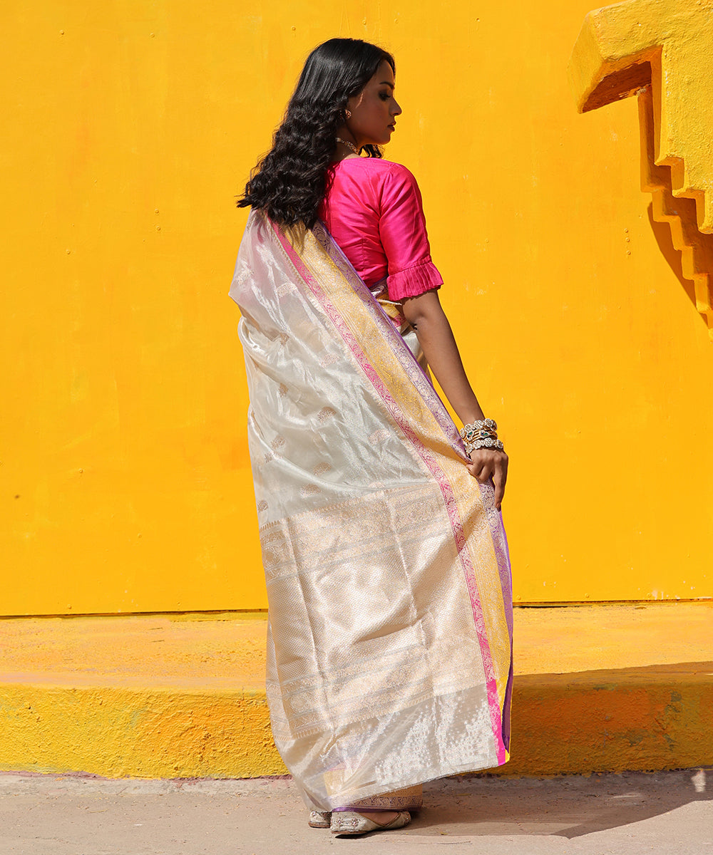 Handloom_Off_White_Kora_Tissue_Banarasi_Saree_With_Zari_Border_WeaverStory_03