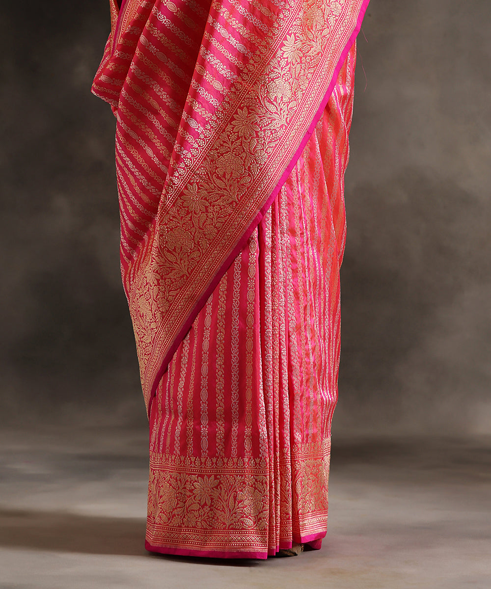 Handloom_Neon_Pink_Double_Shade_Pure_Katan_Silk_Zari_Tanchoi_Banarasi_Saree_With_Kadhwa_Striped_WeaverStory_04