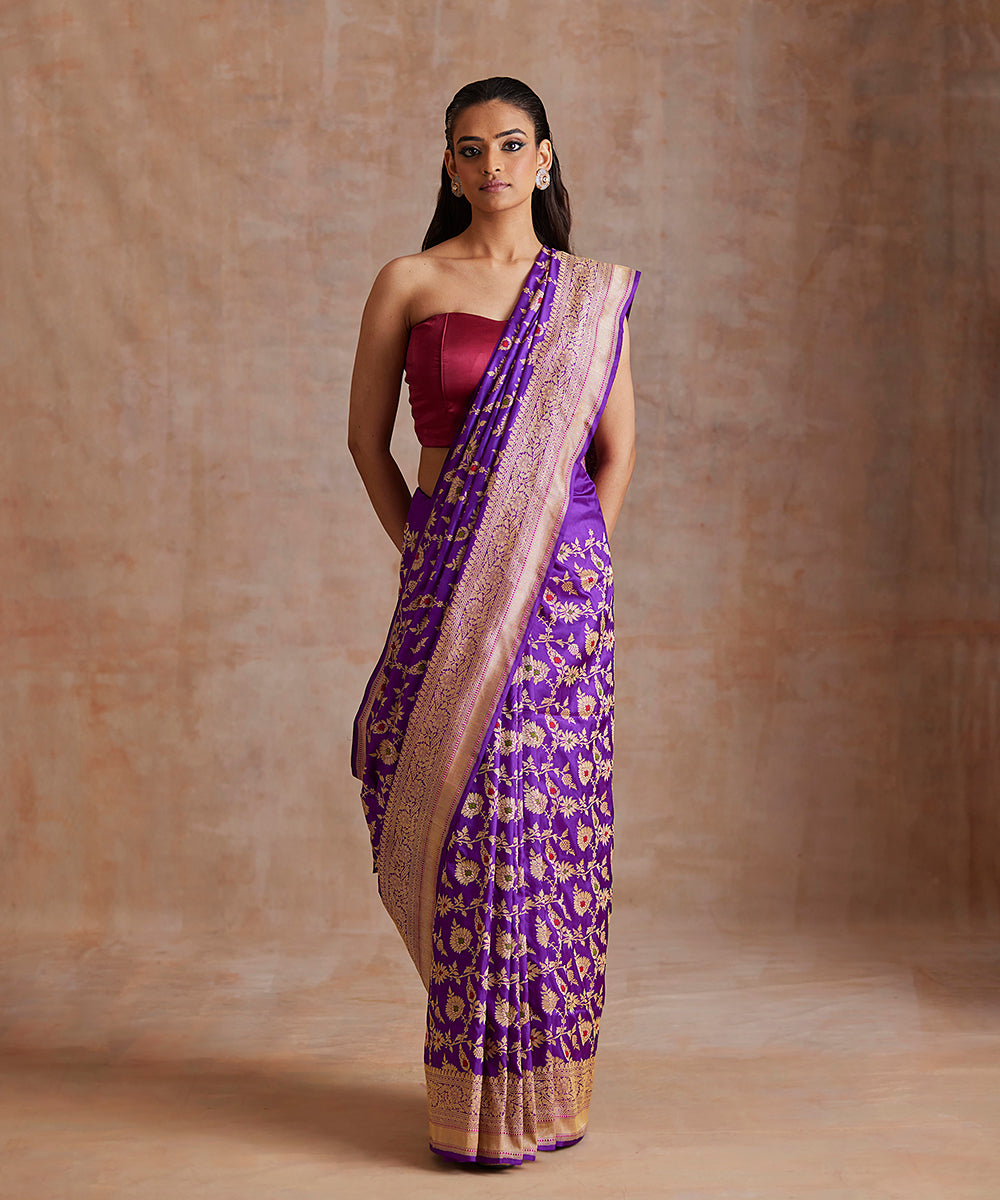 Voilet_Handloom_Pure_Katan_Silk_Banarasi_Saree_With_Floral_Meennakari_Jaal_WeaverStory_02