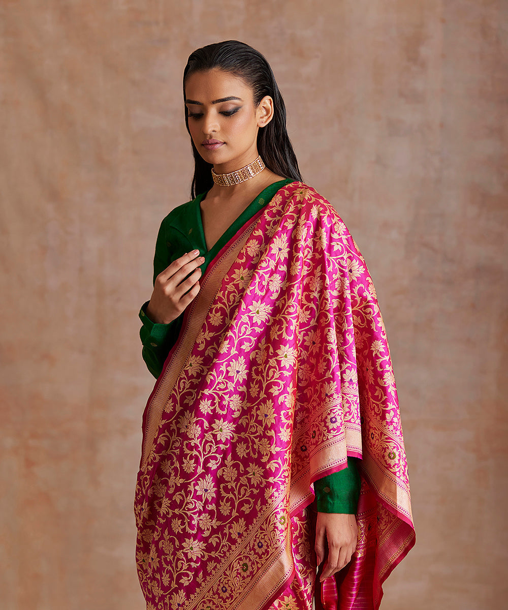 Hot_Pink_Handloom_Pure_Katan_Silk_Banarasi_Saree_With_Meenakari_Floral_Jaal_WeaverStory_01