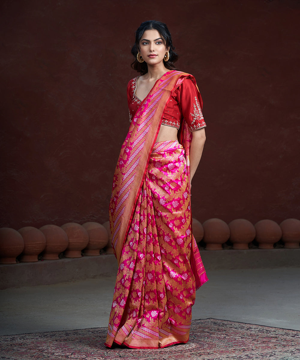 Handloom_Hot_Pink_Pure_Katan_Silk_Banarasi_Saree_With_Sona_Rupa_Jaal_WeaverStory_02