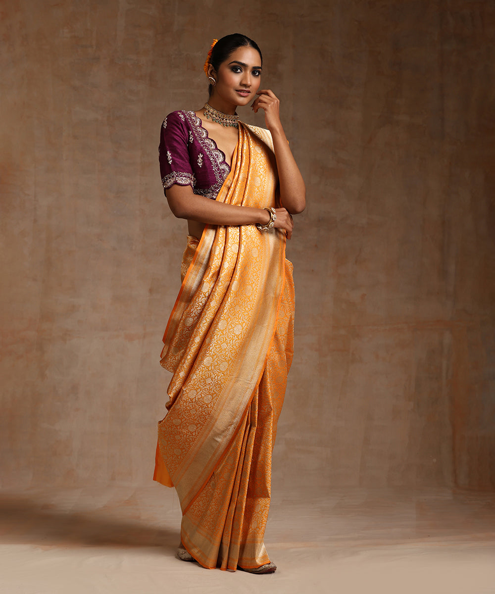 Handloom_Saffron_Pure_Katan_Silk_Kimkhab_Banarasi_Saree_With_Gold_Zari_Border_WeaverStory_02