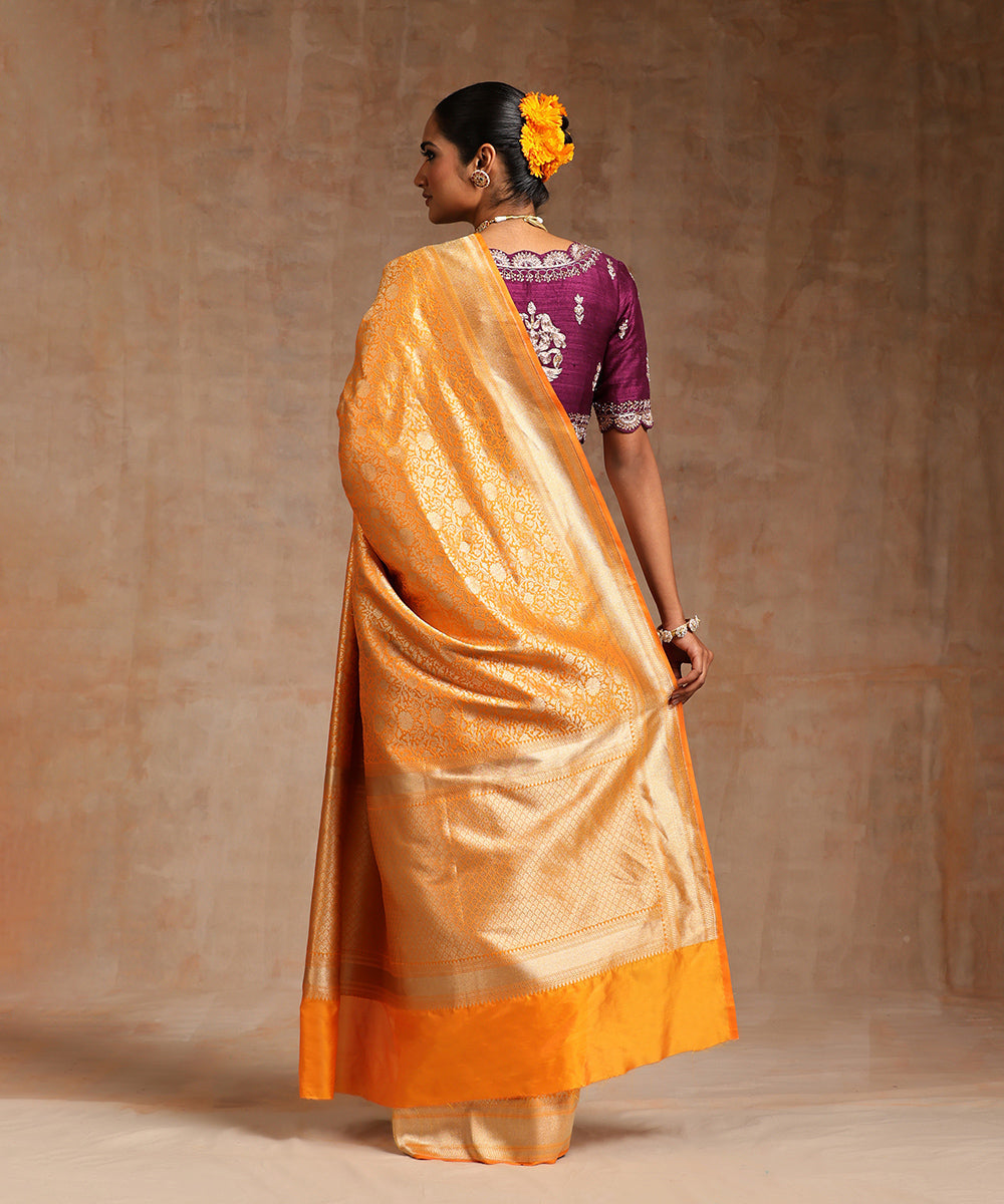 Handloom_Saffron_Pure_Katan_Silk_Kimkhab_Banarasi_Saree_With_Gold_Zari_Border_WeaverStory_03
