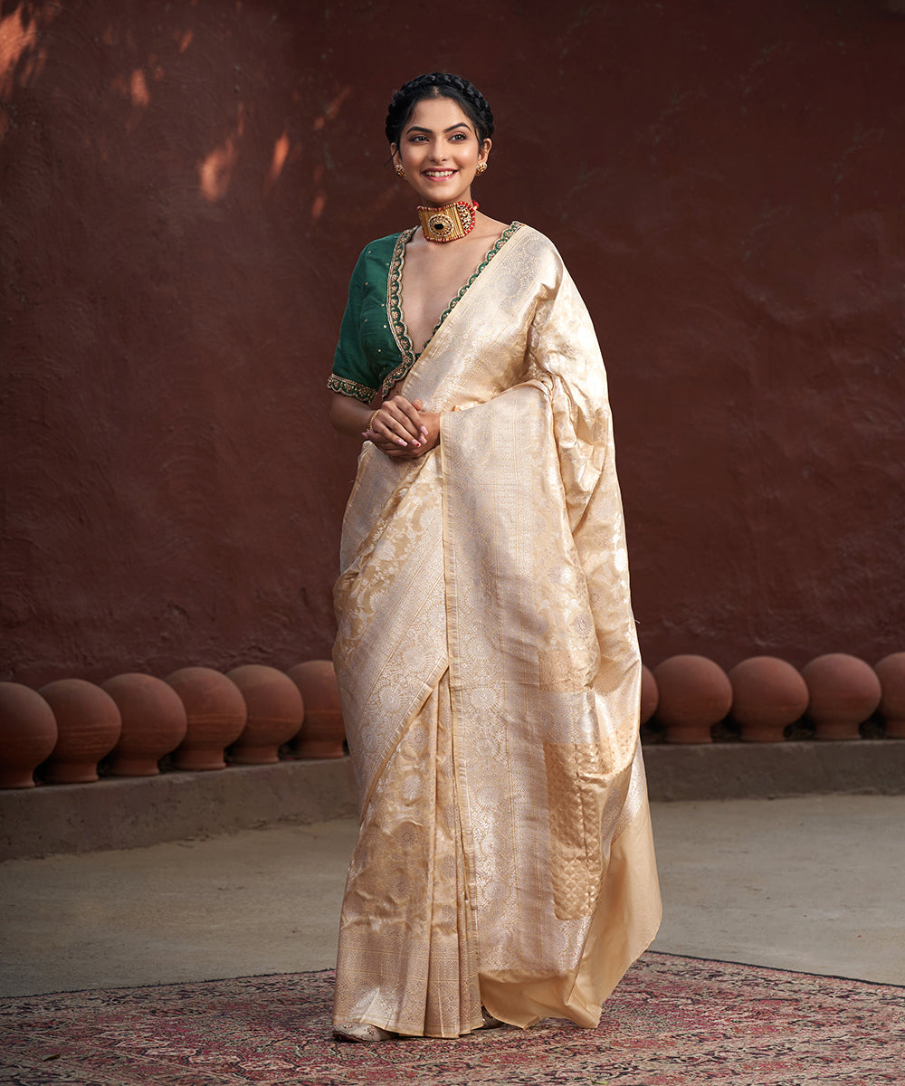 Beige_Handloom_Pure_Katan_Silk_Banarasi_Saree_With_Silver_Zari_Floral_Jaal_WeaverStory_02