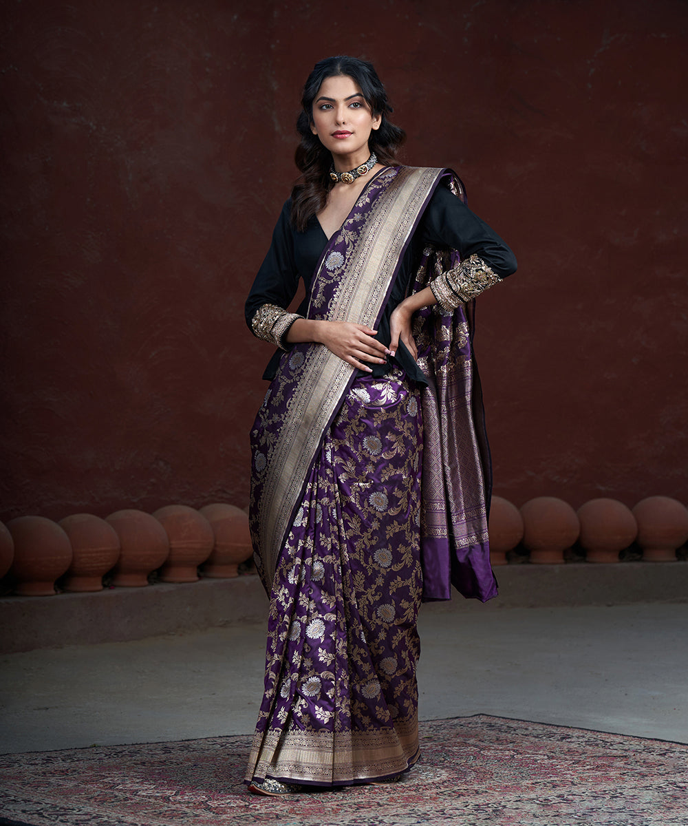 Handloom_Purple_Pure_Katan_Silk_Banarasi_Saree_With_Gold_And_Silver_Zari_Jaal_WeaverStory_02