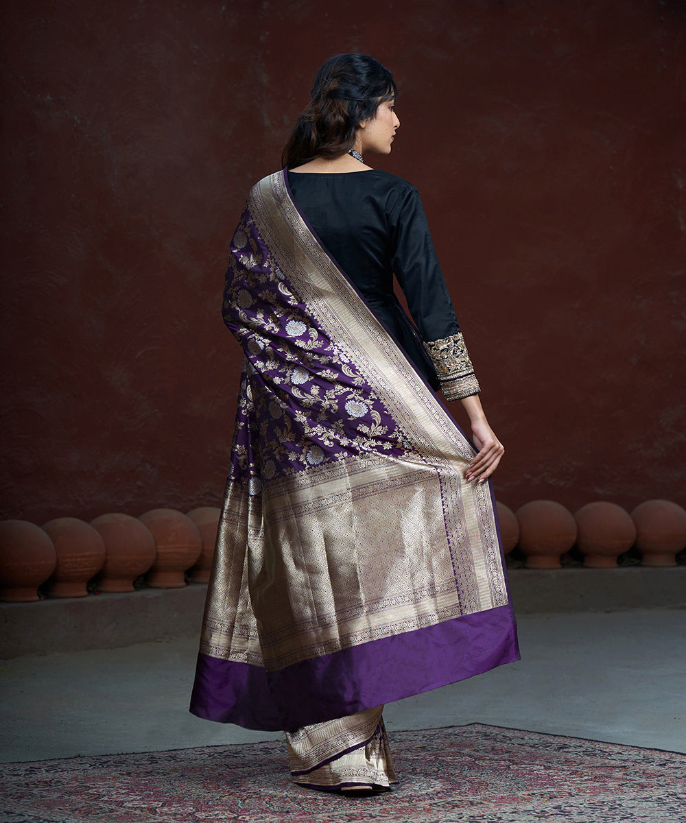 Handloom_Purple_Pure_Katan_Silk_Banarasi_Saree_With_Gold_And_Silver_Zari_Jaal_WeaverStory_03