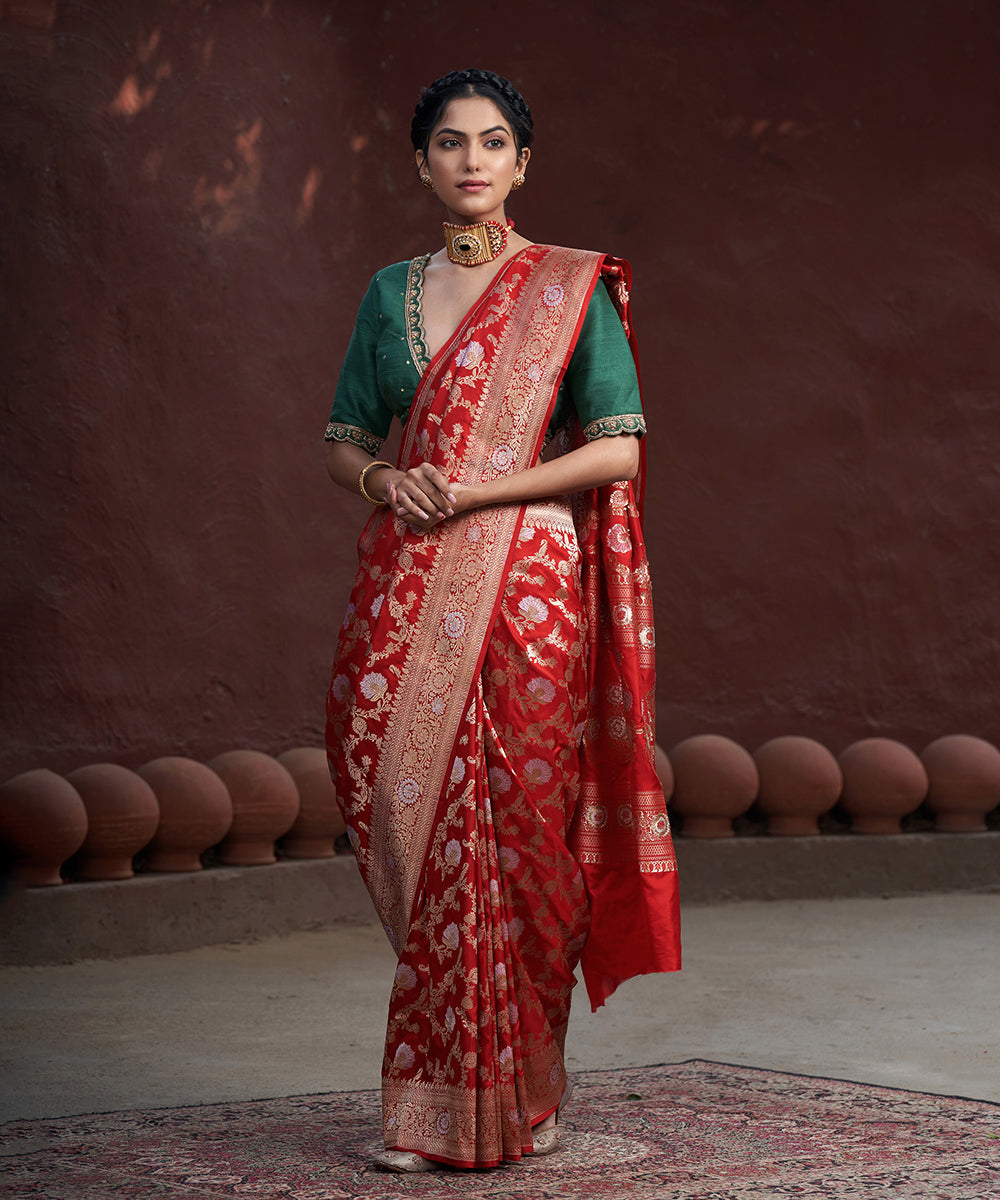 Red_Handloom_Pure_Katan_Silk_Banarasi_Saree_With_Gold_And_Silver_Zari_Jaal_WeaverStory_02