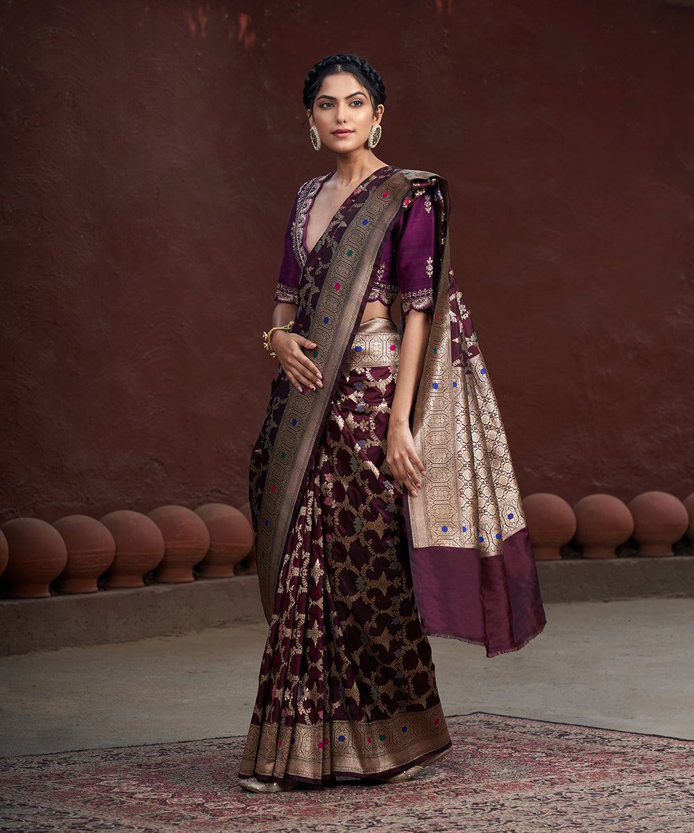 Handloom_Dark_Wine_Pure_Katan_Silk_Banarasi_Saree_With_Gold_Zari_Jaal_And_Meenakari_WeaverStory_02