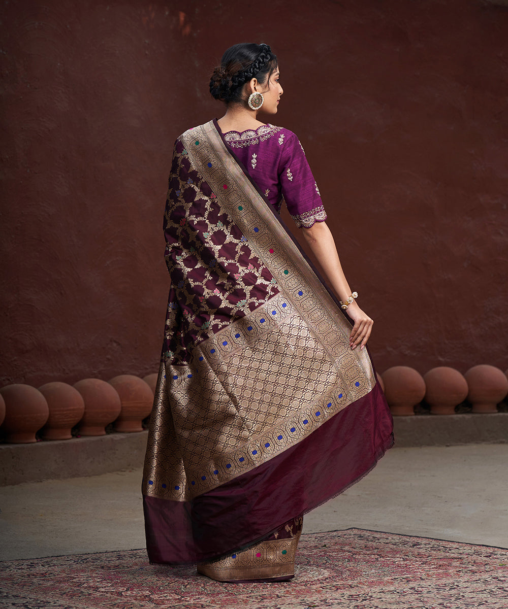Handloom_Dark_Wine_Pure_Katan_Silk_Banarasi_Saree_With_Gold_Zari_Jaal_And_Meenakari_WeaverStory_03