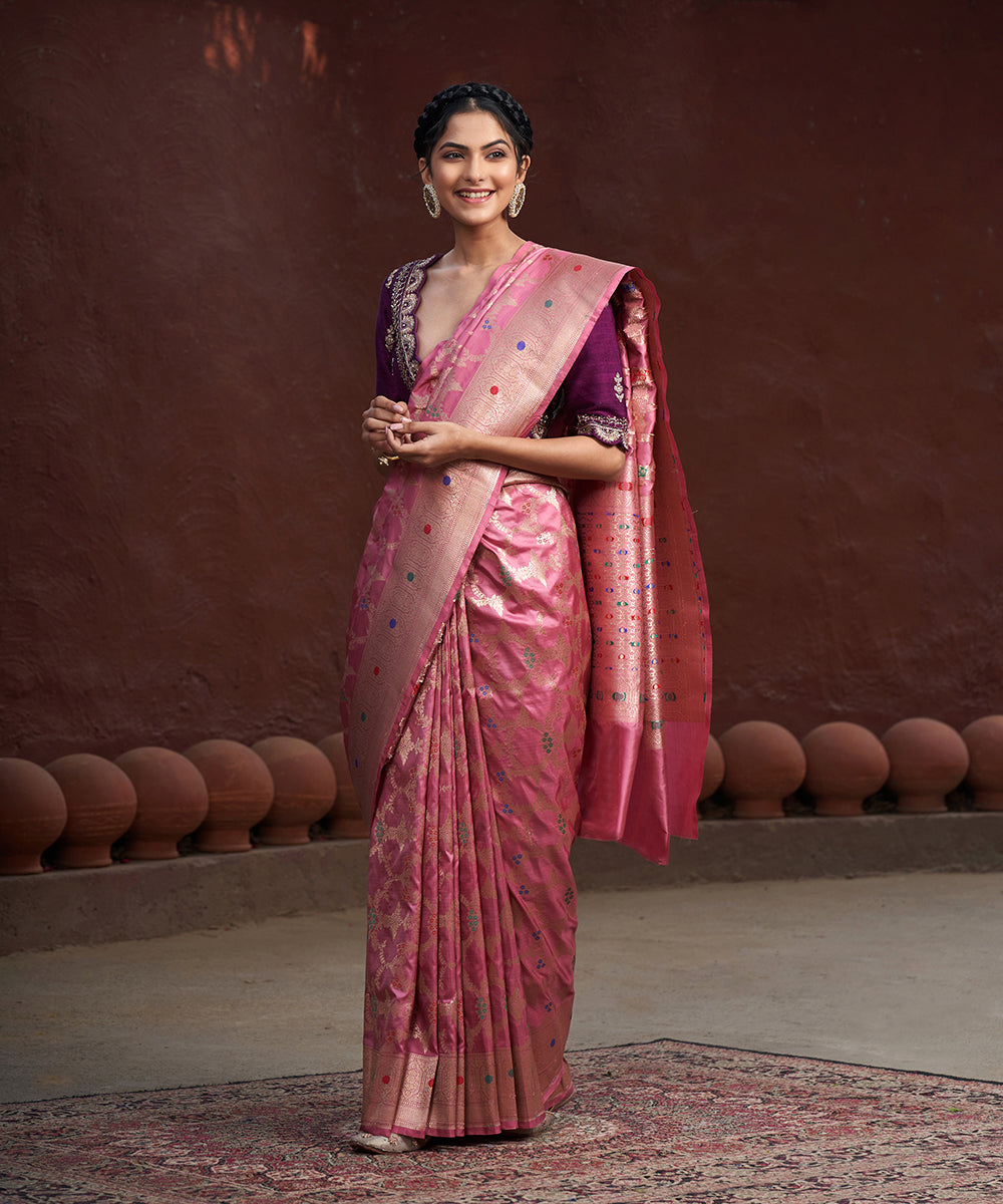 Rose_Pink_Handloom_Pure_Katan_Silk_Banarasi_Saree_With_Gold_Zari_Jaal_And_Meenakari_WeaverStory_02