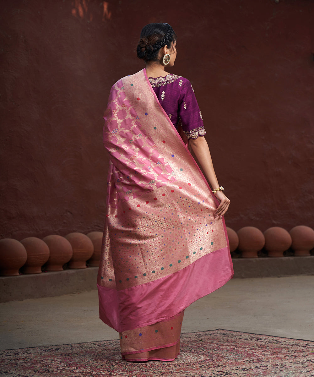 Rose_Pink_Handloom_Pure_Katan_Silk_Banarasi_Saree_With_Gold_Zari_Jaal_And_Meenakari_WeaverStory_03