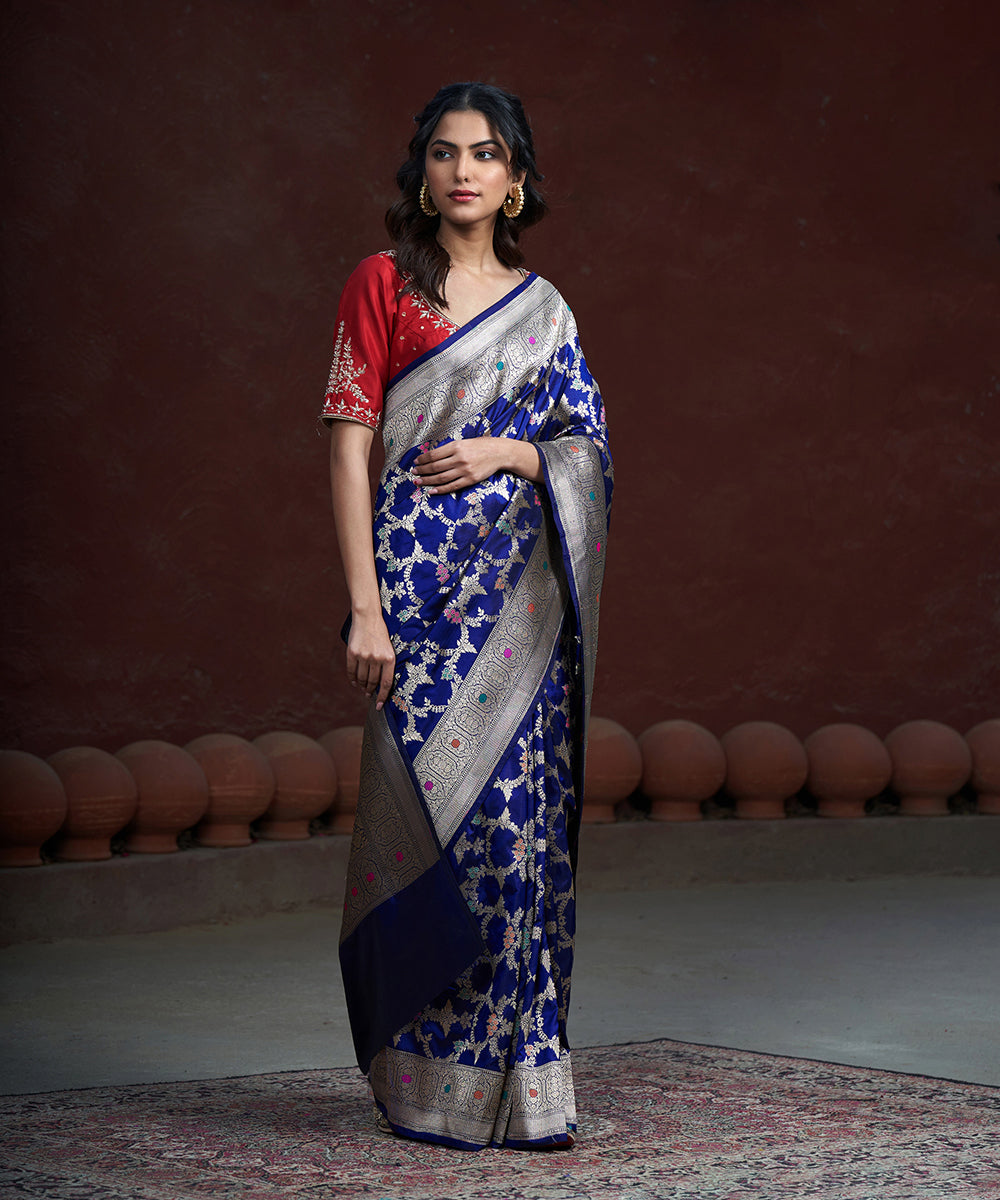 Handloom_Dark_Blue_Pure_Katan_Silk_Banarasi_Saree_With_Gold_Zari_Jaal_And_Meenakari_WeaverStory_02