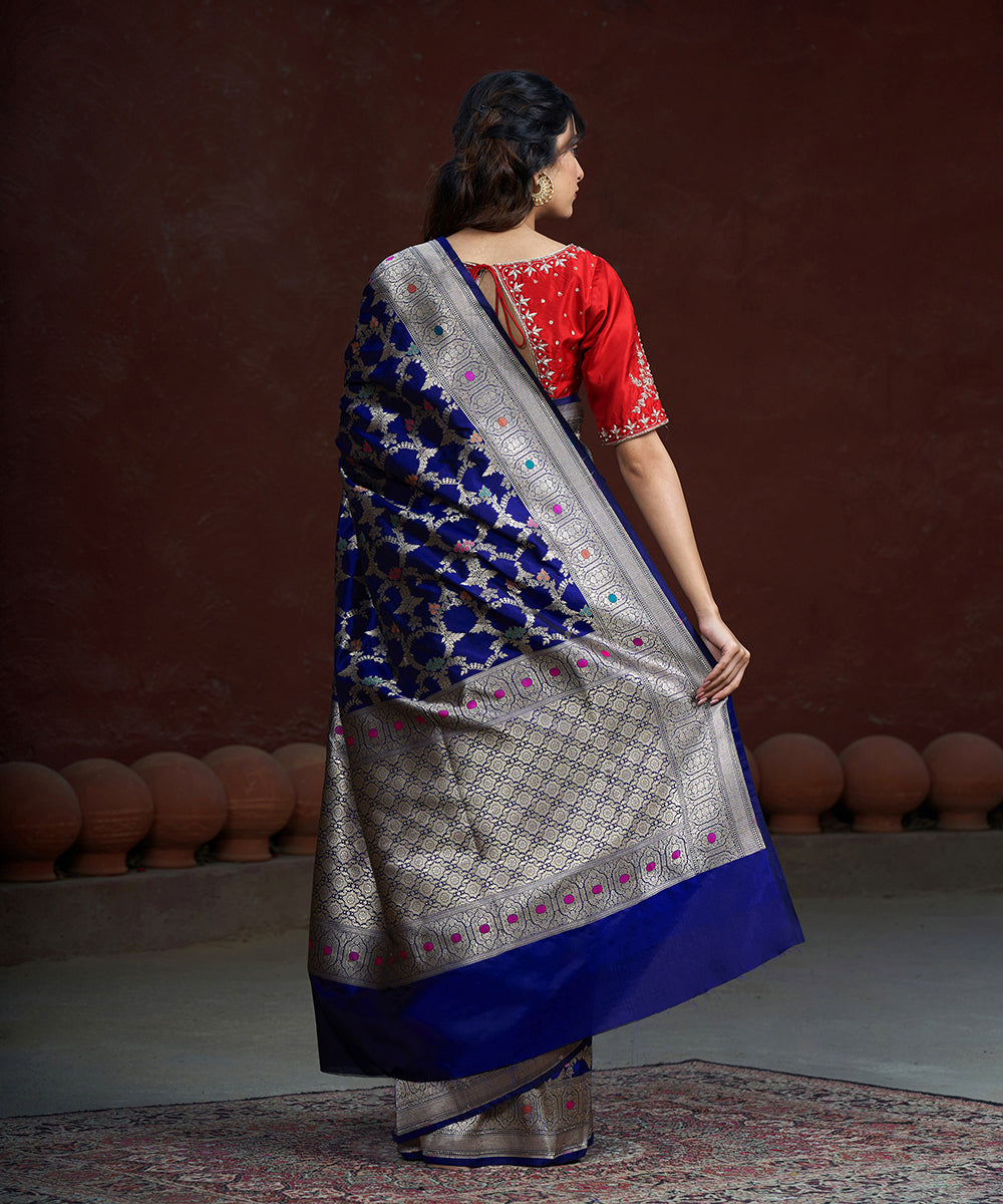Handloom_Dark_Blue_Pure_Katan_Silk_Banarasi_Saree_With_Gold_Zari_Jaal_And_Meenakari_WeaverStory_03