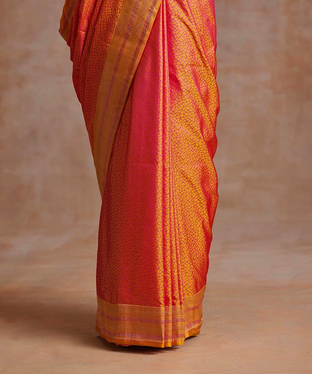 Orange_And_Pink_Pure_Satin_Silk_Tanchoi_Banarasi_Saree_With_Gold_Zari_Border_WeaverStory_04