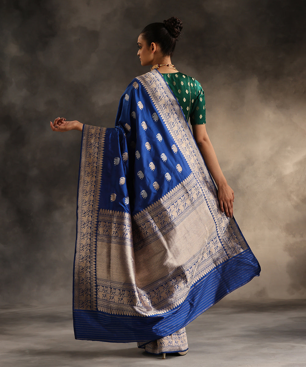 Handloom_Cobalt_Blue_Pure_Katan_Silk_Shikargah_Banarasi_Saree_With_Booti_WeaverStory_03