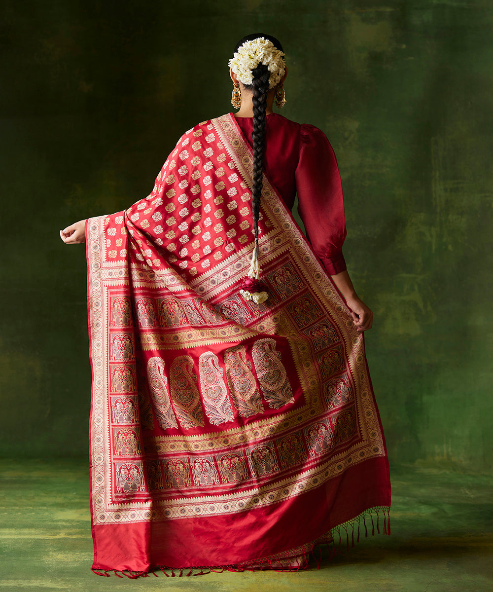 Handloom_Red_Pure_Cotton_Silk_Banarasi_Baluchari_Saree_With_Booti_WeaverStory_03