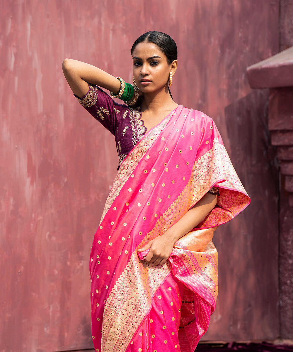 Handloom_Rani_Pink_Pure_Katan_Silk_Banarasi_Saree_With_Kadhwa_Border_And_Meena_Booti_WeaverStory_01