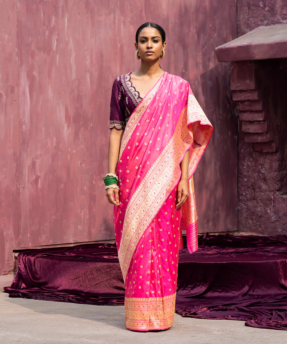 Handloom_Rani_Pink_Pure_Katan_Silk_Banarasi_Saree_With_Kadhwa_Border_And_Meena_Booti_WeaverStory_02