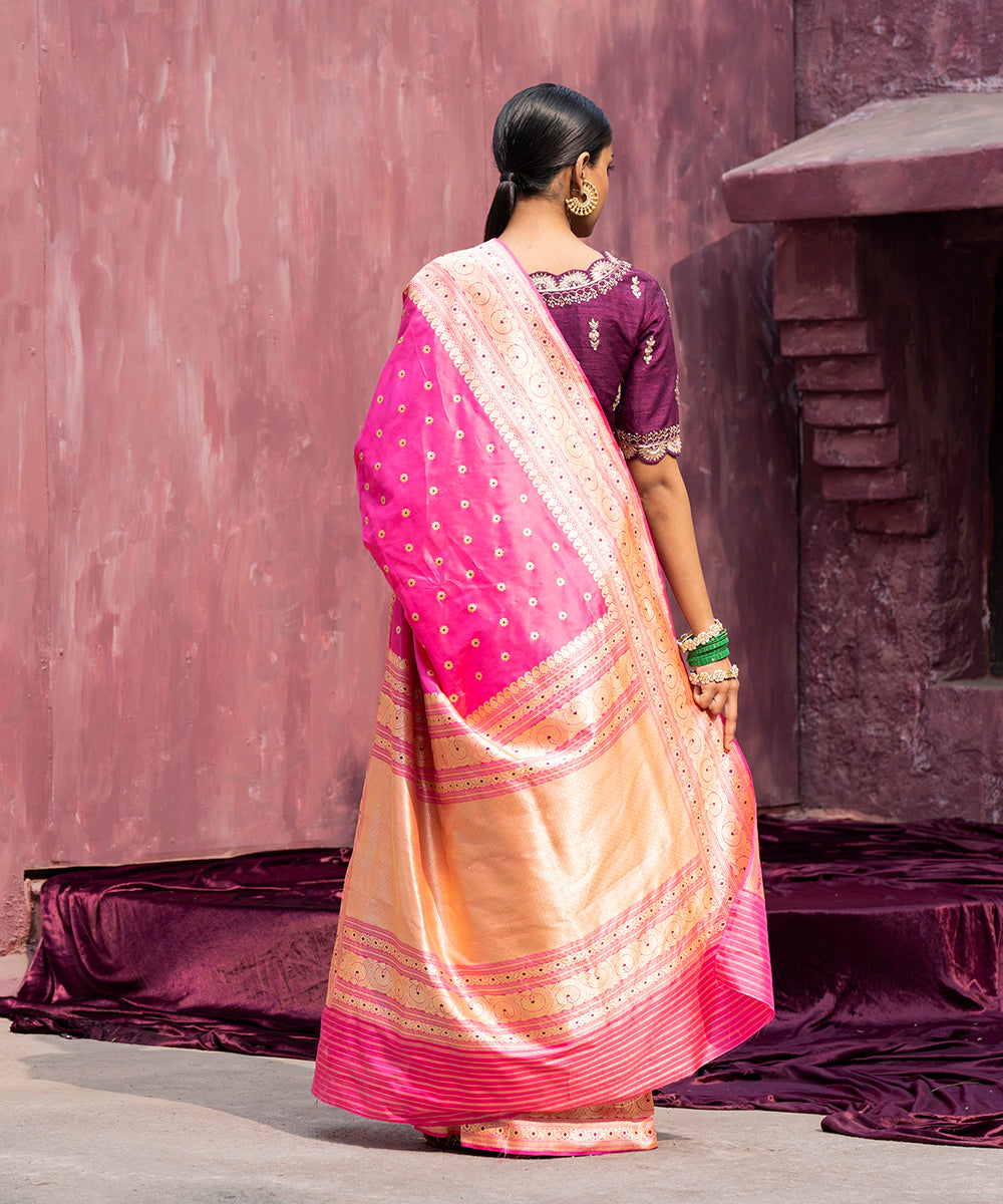 Handloom_Rani_Pink_Pure_Katan_Silk_Banarasi_Saree_With_Kadhwa_Border_And_Meena_Booti_WeaverStory_03