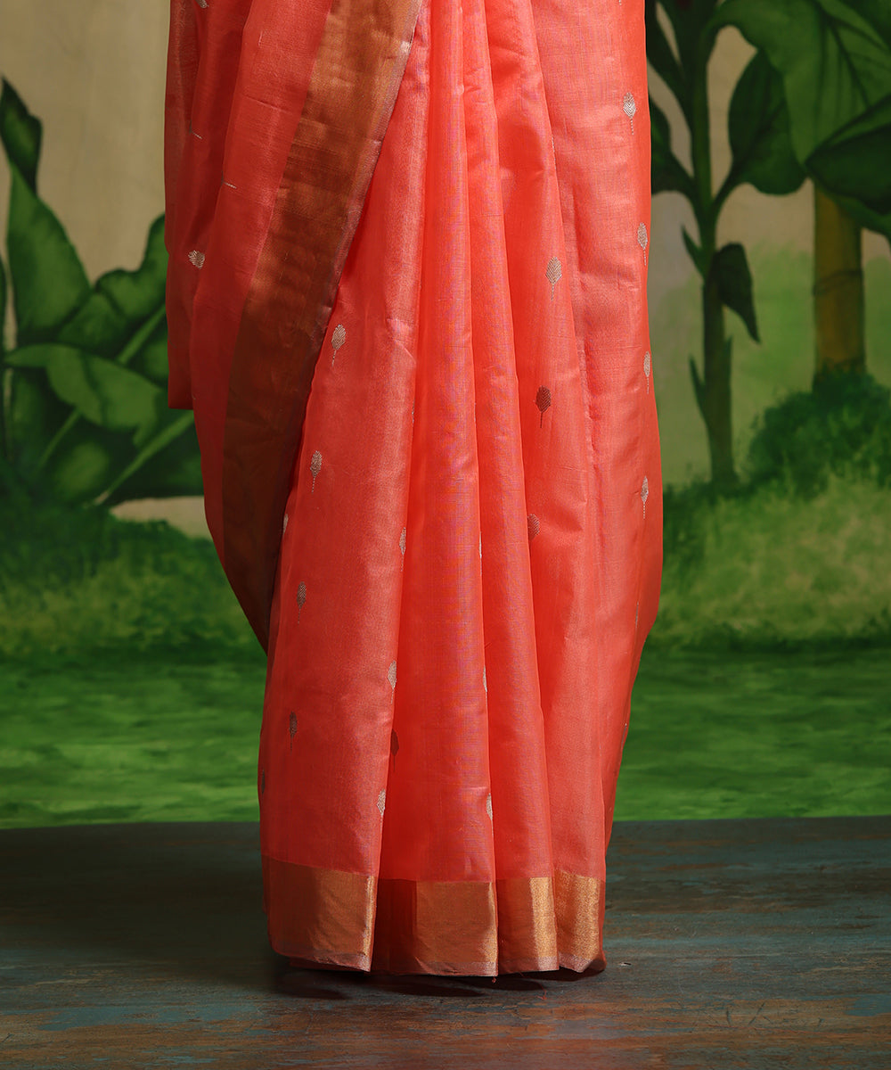 Handloom_Neon_Peach_Pure_Chanderi_Silk_Saree_With_Silver_Zari_Booti_And_Tissue_Border_WeaverStory_04