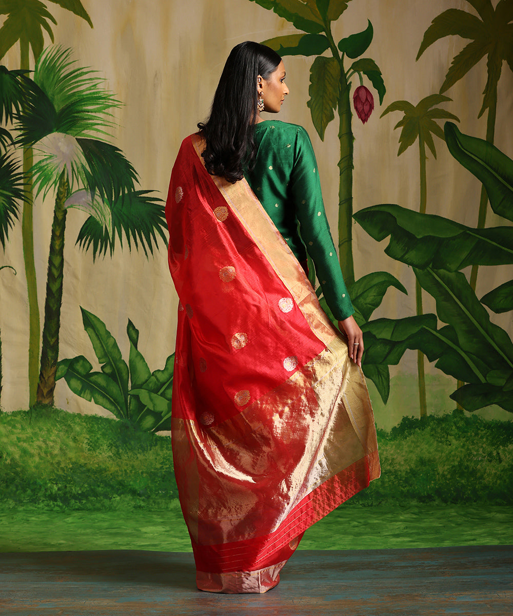 Handloom_Red_Pure_Chanderi_Gold_With_Meenakari_Booti_With_Tissue_Border_Saree_WeaverStory_03