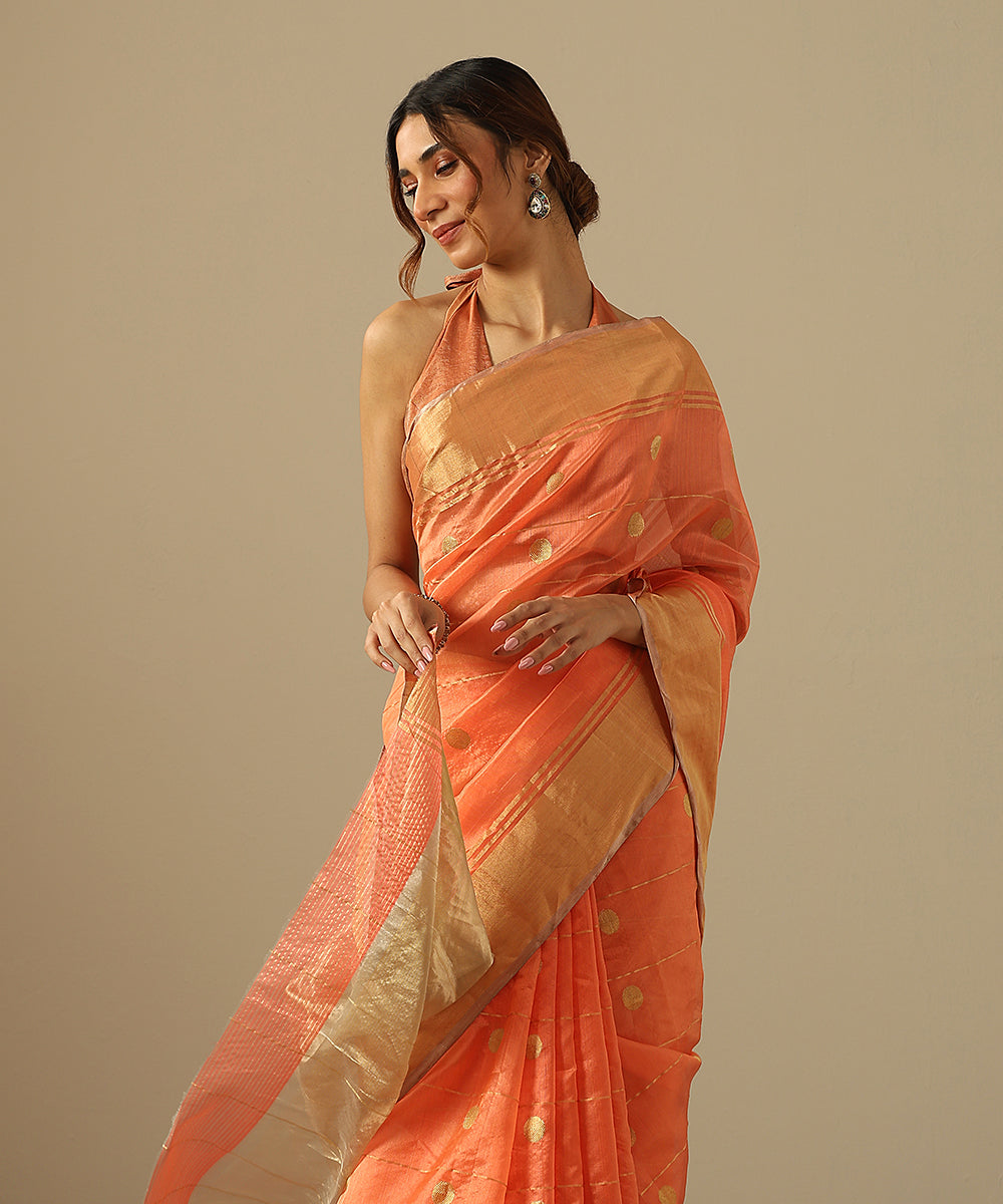 Handloom_Neon_Orange_Pure_Silk_Chanderi_Saree_With_Gold_Silver_Meenakari_Booti_And_Tissue_Border_WeaverStory_01