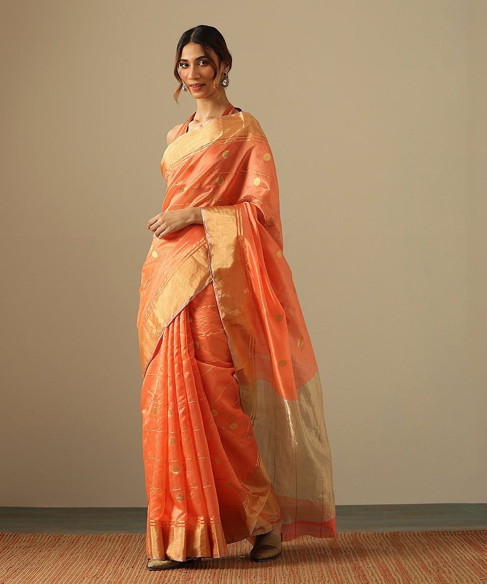 Handloom_Neon_Orange_Pure_Silk_Chanderi_Saree_With_Gold_Silver_Meenakari_Booti_And_Tissue_Border_WeaverStory_02