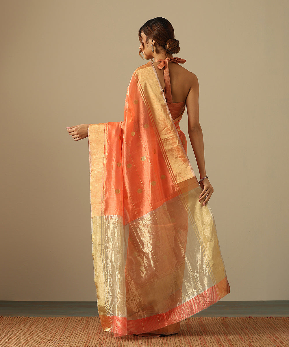 Handloom_Neon_Orange_Pure_Silk_Chanderi_Saree_With_Gold_Silver_Meenakari_Booti_And_Tissue_Border_WeaverStory_03