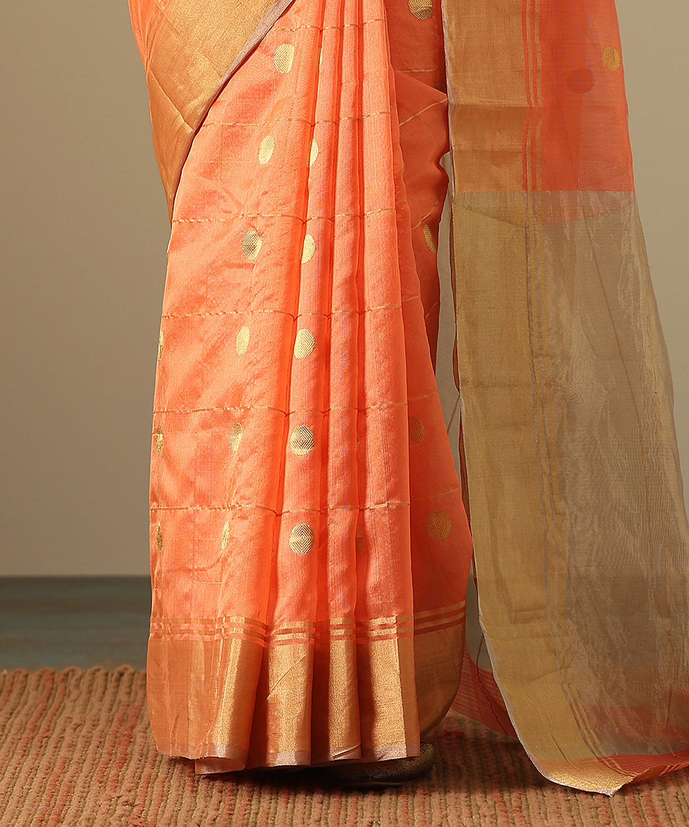 Handloom_Neon_Orange_Pure_Silk_Chanderi_Saree_With_Gold_Silver_Meenakari_Booti_And_Tissue_Border_WeaverStory_05