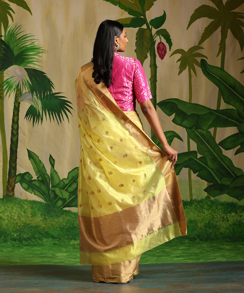 Handloom_Yellow_Pure_Chanderi_Gold_Silver_Meenakari_Booti_With_Gold_Zari_Border_Saree_WeaverStory_03