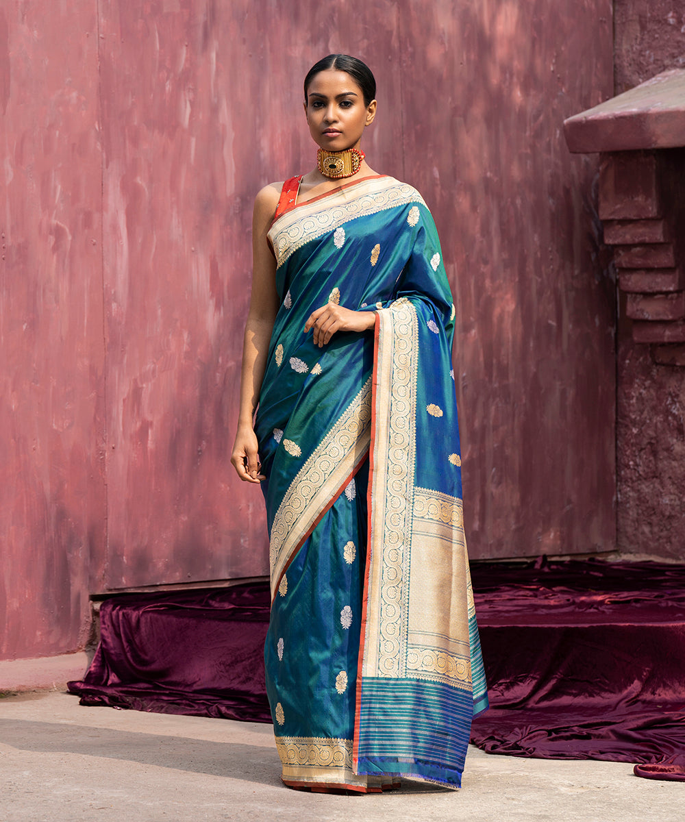 Peacock_Green_Handloom_Pure_Katan_Silk_Banarasi_Saree_With_Kadhwa_Border_WeaverStory_02