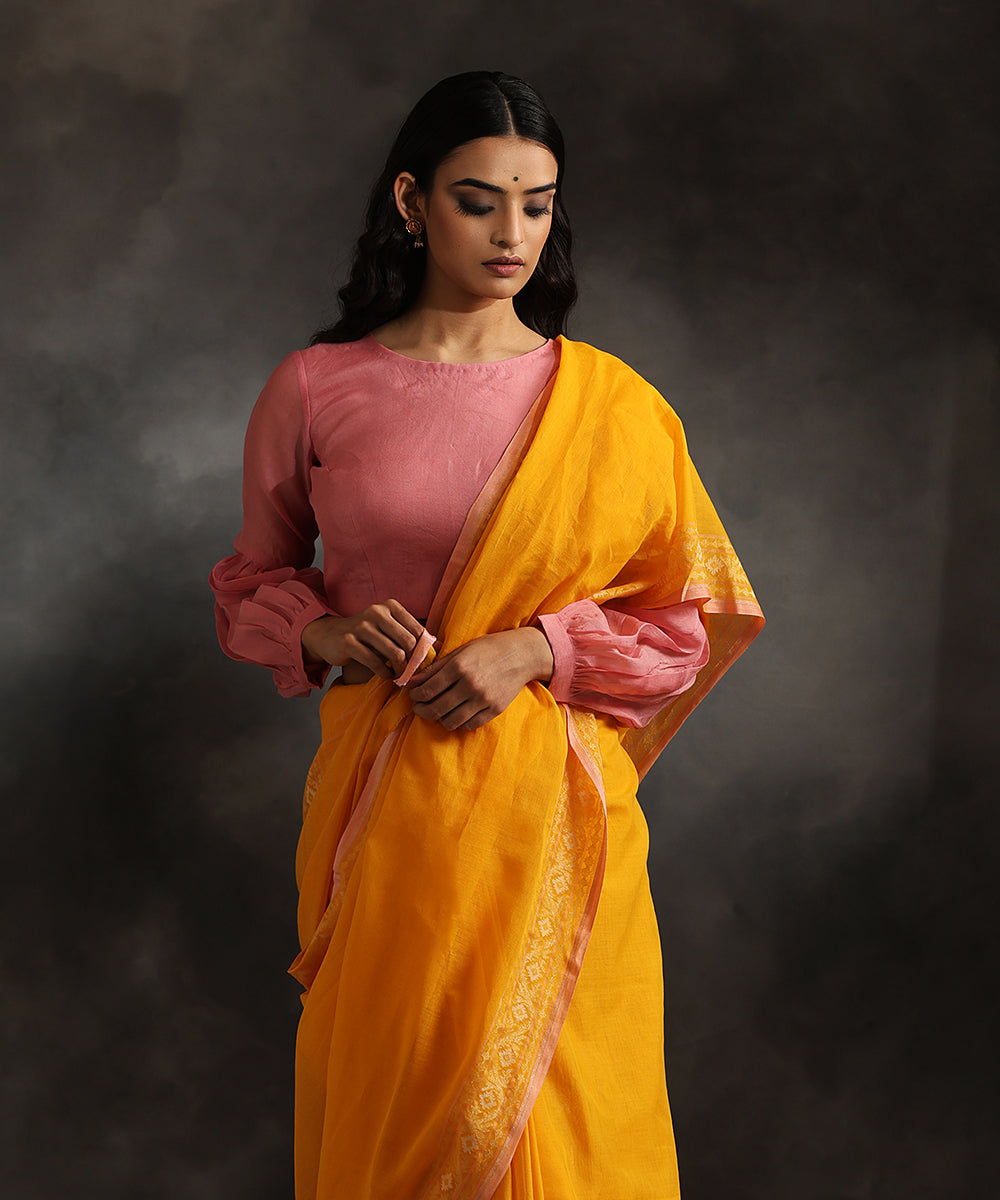 Mustard_Handloom_Pure_Cotton_Jamdani_Plain_Banarasi_Saree_With_Koniya_Design_WeaverStory_01