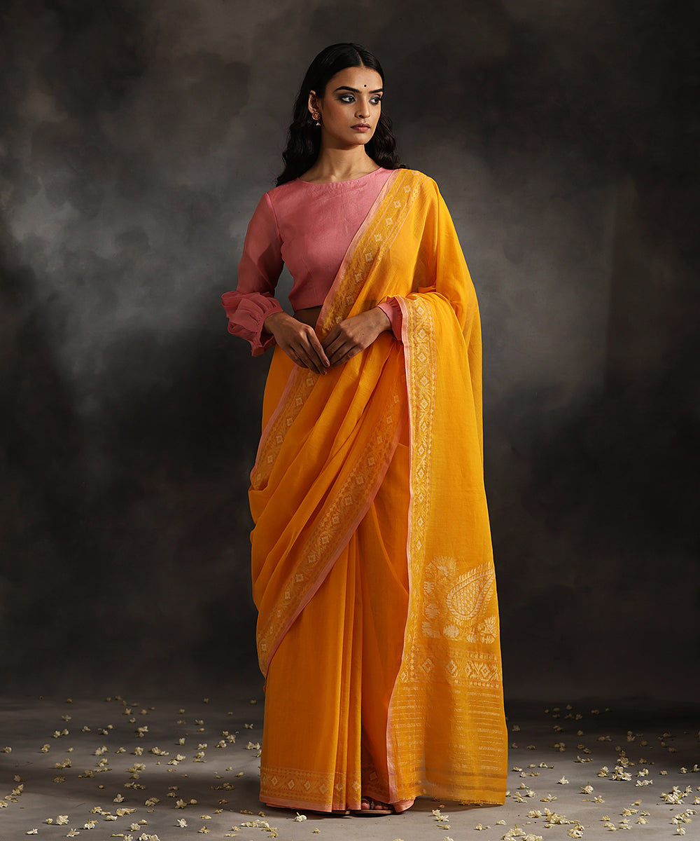 Mustard_Handloom_Pure_Cotton_Jamdani_Plain_Banarasi_Saree_With_Koniya_Design_WeaverStory_02
