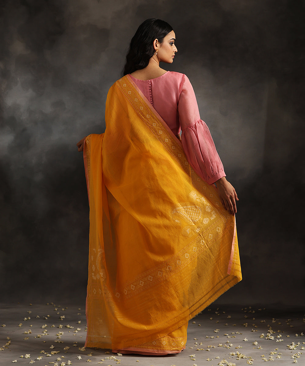 Mustard_Handloom_Pure_Cotton_Jamdani_Plain_Banarasi_Saree_With_Koniya_Design_WeaverStory_03